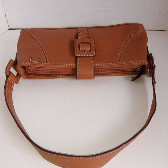 Vintage '90s LIZ CLAIBORNE Tan Leather Baguette Flap Closure w Buckle - Picture 6 of 11